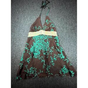 Y2K Meghan Noland Halter Mini Dress Women Small Brown Teal Paisley Lace Backless